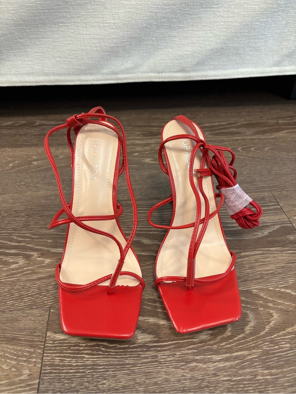 Windsor Red Strappy Square-Toe Lace-Up Heels
